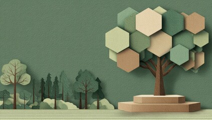 A stylized forest scene, featuring a tree formed from layered hexagons, on a textured backdrop
