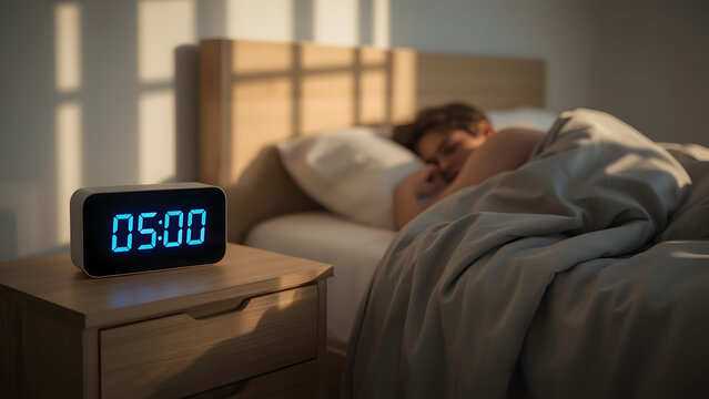An alarm clock displays 5:00 AM as a man sleeps in bed, illuminated by morning light.