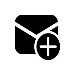 Black and white graphic illustration of a sealed envelope with a plus sign inside a circle overlayed