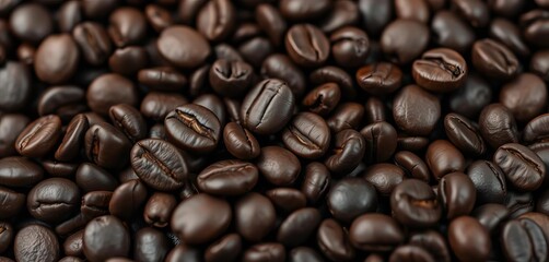 Fototapeta premium Close-up of dark roasted coffee beans, rich brown tones, coffee, coffee shop
