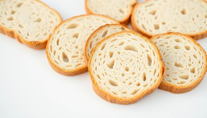 Fototapeta premium Close-up of several slices of bread on a pristine white background, white bread, bakery