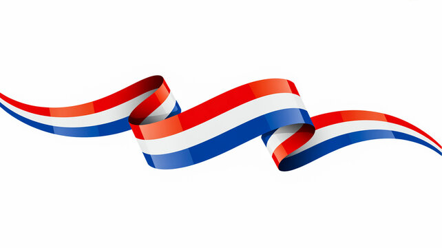 Red white and blue striped ribbon flowing across white background image