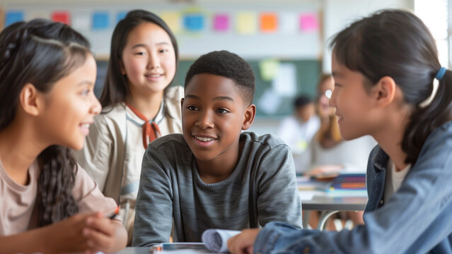 A group of ethnically diverse teenage students engaged in a lively discussion about a school project inside a modern classroom. moment of collaboration active learning. international education system