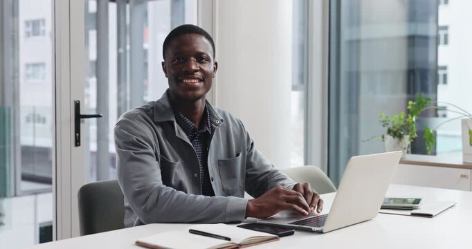Face, smile and black man with laptop in office for career pride, editing article and editor feedback. Portrait, journalist and pc for about us, proofreading story and news information on publication