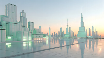 Obraz premium Futuristic city skyline with modern architecture and reflective surfaces at dawn