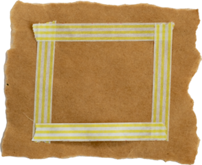 Brown paper background with square frame made of yellow striped washi tape isolated on white background for creative design applications