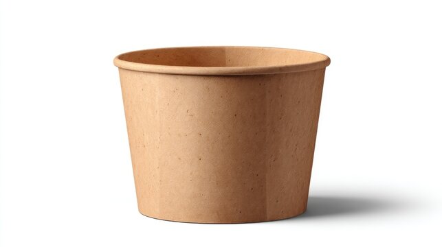 A light brown, cylindrical paper food container, slightly textured, sits on a white background, casting a subtle shadow.  Its simple design suggests disposability