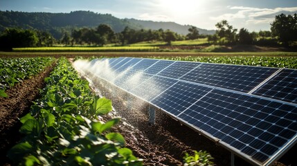 A solar-powered irrigation system efficiently watering farmland under the sun, showcasing sustainable energy use and agricultural innovation.