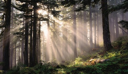 Sunlight streams through a misty forest
