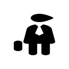 Silhouette of a person in a suit with a tie and luggage standing on the ground in a simple design