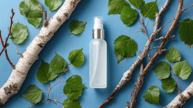 Flatlay of frosted glass spray bottle on blue background, surrounded by birch branches and leaves.  Clean, minimalist aesthetic suggesting natural skincare or beauty product