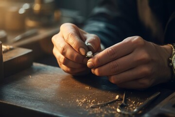 Close up of old senior hands working on a wooden table, fingers cutting wood, bread, and pottery