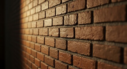Textured red brick wall background with warm side lighting and shadow. Perspective view of an urban brickwork surface.