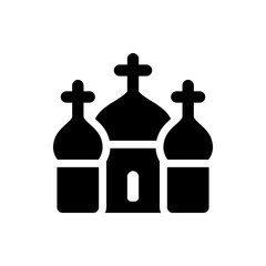 Illustration of a church building with three domes and crosses on top in a simple black and white design