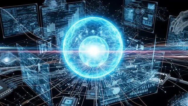 Glowing orb with digital interfaces and robotic arm - Powered by Adobe