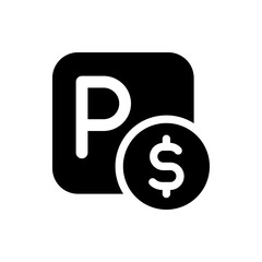Illustration of a black square with rounded corners containing the letter p and a dollar sign coin icon