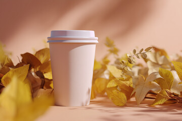 A cup of coffee to go with a backdrop of fall leaves. Autumn coffee. Autumn tea in a cup with itself. Autumn advertisement for coffee or tea to go.