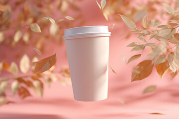 A cup of coffee to go with a backdrop of fall leaves. Autumn coffee. Autumn tea in a cup with itself. Autumn advertisement for coffee or tea to go.