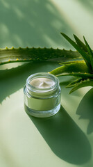 Cream with aloe on a green background. A jar of cream with aloe. Natural running cosmetics.