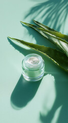 Cream with aloe on a green background. A jar of cream with aloe. Natural running cosmetics.