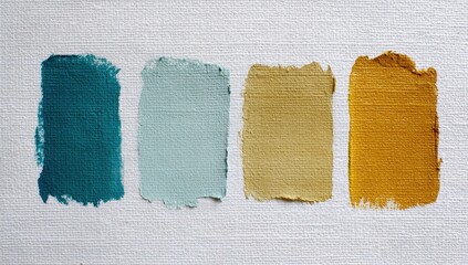 Four paint swatches in teal, light teal, ochre, and gold on white canvas