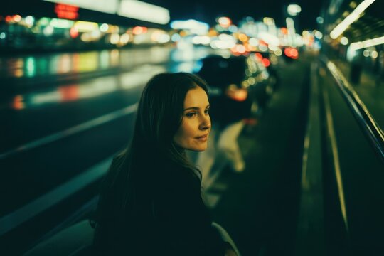Stylish young brunette woman smiling and looking at the camera while walking casually on a city street at night