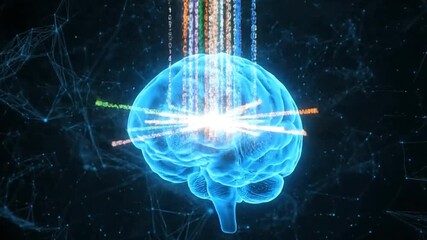An illuminated blue brain model has digital code streams feeding into it against a web of connected points in a dark space - Powered by Adobe