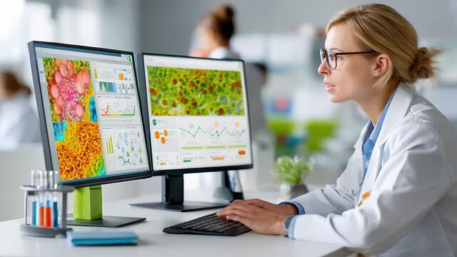 Scientist analyzing colorful microscopic images dual monitors laboratory with computer showing regulatory science data insights