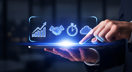 Businessman Using Tablet with Holographic Business Growth and Technology Icons