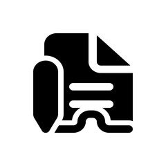 Black and white icon of a document with a folded corner connected to a pencil with a wavy line design
