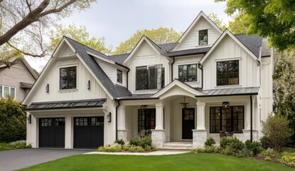 White farmhouse-style home with black trim and dark roof