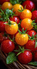 Close-up of fresh, vibrant red and orange cherry tomatoes in a basket, glistening with water droplets.  Fresh green leaves are interspersed