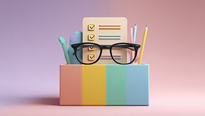 Pastel-toned box holding glasses, checklist, and pencils