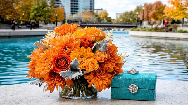 Orange Flower Bouquet with Engagement Ring in Teal Box by Water - Powered by Adobe
