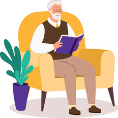 One Elderly Man Sitting On Couch And Reading A Book At Home.