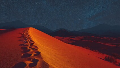 Footprints on a fiery sand dune under a starry night sky