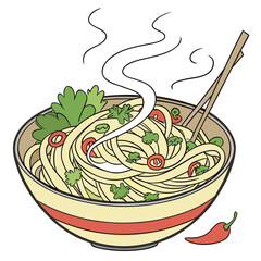 Steaming Noodle Dish: A vibrant, appetizing illustration of a bowl filled with steaming noodles, adorned with fresh garnishes, promising a culinary journey of flavors and textures.