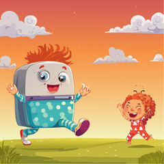 Fototapeta premium A cartoon character in wild pajamas runs screaming as a giant toaster chases them through the park in a totally chaotic and silly scene.