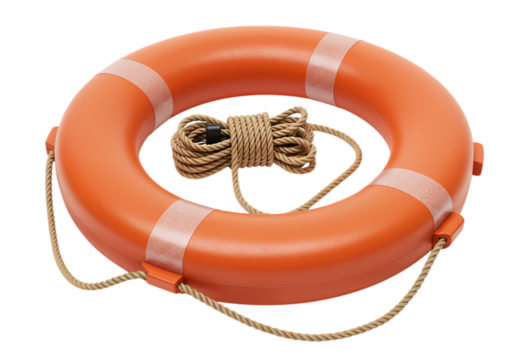 Orange Life Ring Buoy with Rope: Safety Equipment for Water Rescue and Maritime Scenes