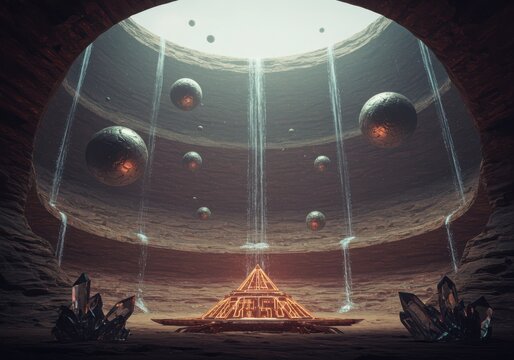 Mysterious alien structure with glowing orbs and crystal formations, bathed in ethereal light from above