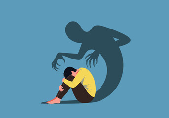 Man with dark shadow represents the feeling of depression and anxiety vector illustration

