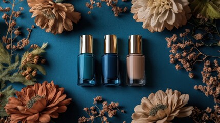 Nail polish, dried flowers, blue background