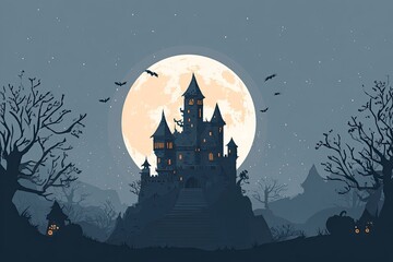 A dark ominous castle sits atop a hill under a full moon surrounded by bats bare trees  lit pumpkins
