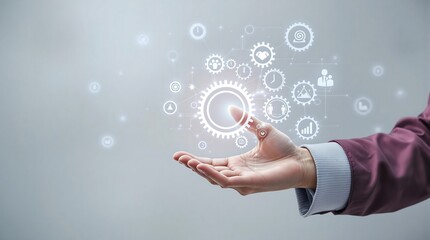 Fototapeta premium Business technology innovation concept with gears and human hand for digital strategy