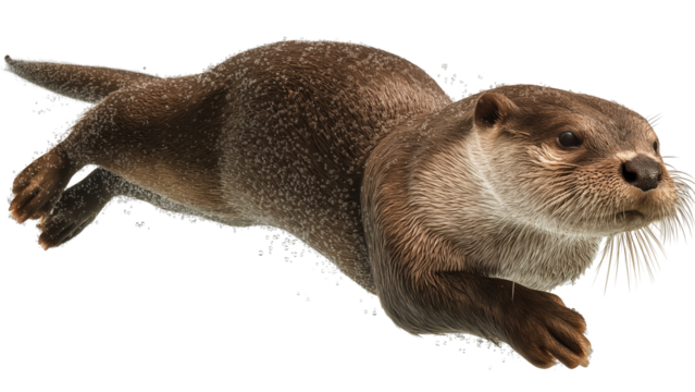 Side view of otter climbing over rocks with alert expression and slick wet fur, realistic texture detail, full view, on white background, 4k, unique, no blur, clear view