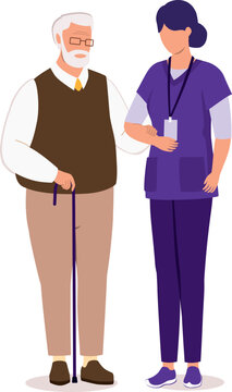 Female Nurse With Medical Scrubs Helping An Elderly Man.