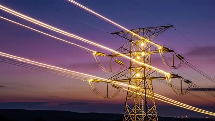 High voltage electricity pylon with light trails at dusk. Power grid, energy transmission and modern technology concept for banner. Horizontal banner - Powered by Adobe