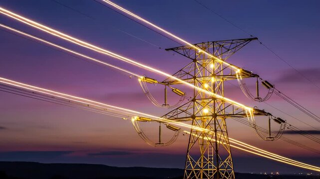 High voltage electricity pylon with light trails at dusk. Power grid, energy transmission and modern technology concept for banner. Horizontal banner