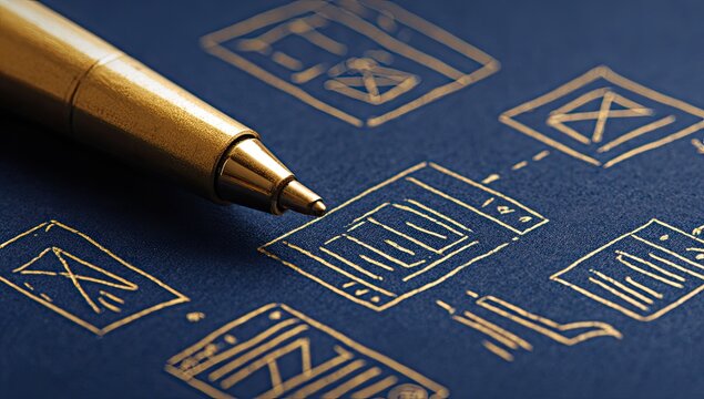 Gold pen resting on a navy blue notebook page, showcasing hand-drawn interface sketches