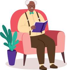 One Plus Size Black Elderly Man Sitting On Couch And Reading A Book At Home.